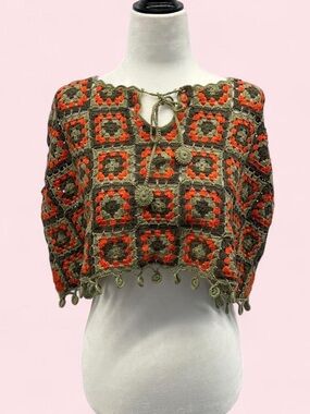 Kersh Olive Green and Orange Crochet Patchwork Sweater Top